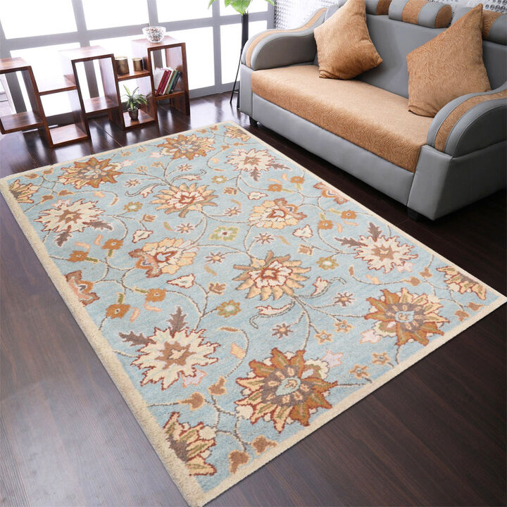 RUGSOTIC CARPETS HAND TUFTED WOOL ECO-FRIENDLY AREA RUGS  - 8'x11', Rectangle Shape, Light Blue, Floral Modern Design, High Pile Thick Handmade Area Rugs for Living Room, Bed Room (K00660)