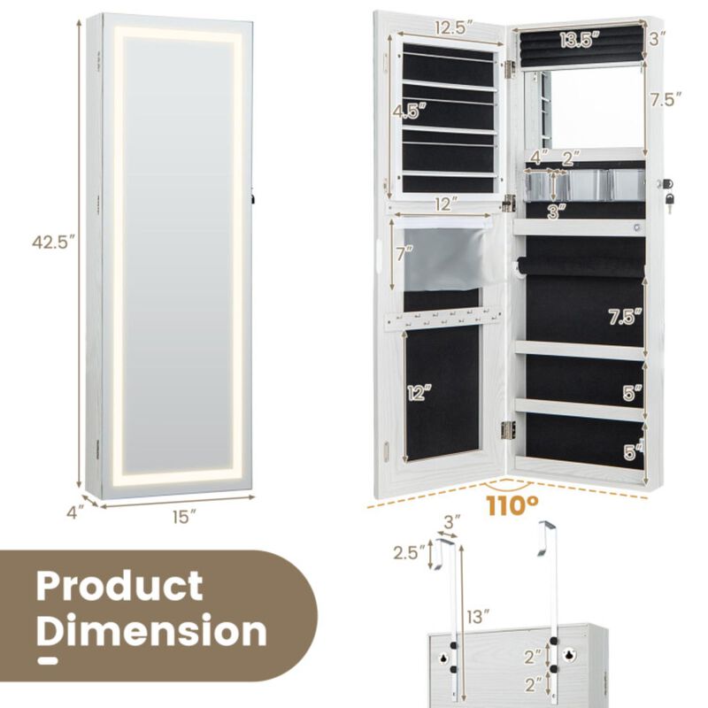 Hivvago 42.5 Inches Lockable Jewelry Mirror Wall Cabinet with 3-Color LED Lights