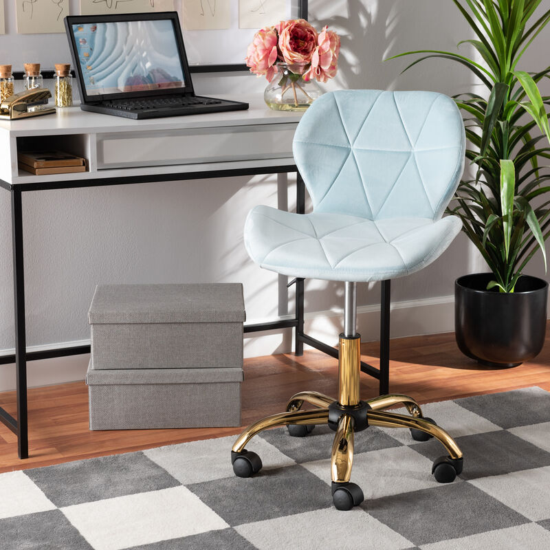 Baxton Studio Savara and Luxe Grey Velvet Fabric and Gold Metal Swivel Office Chair