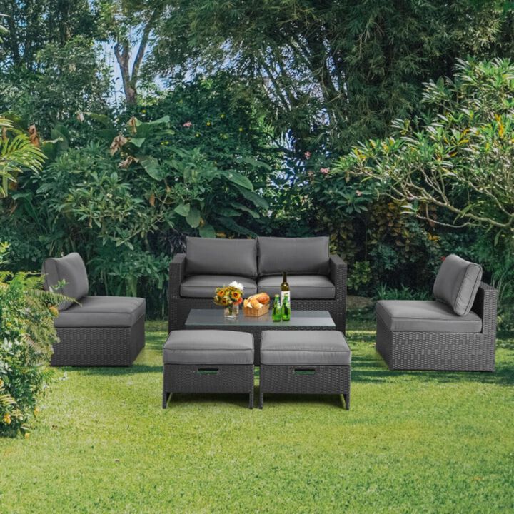 Hivvago 6 Pieces Patio Rattan Furniture Set with Glass Table and Cushioned Seat-Gray