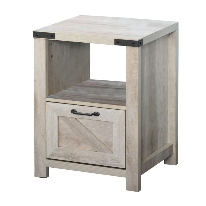 Natural Industrial Side Table: Retro End Desk with Drawer, Shelf, Big Tabletop