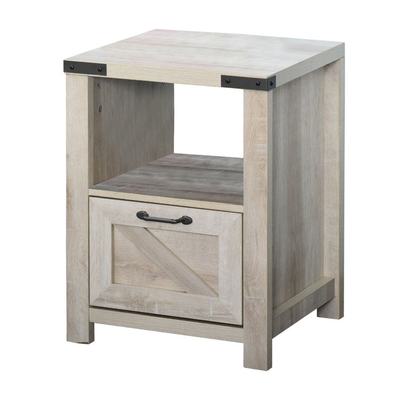 Natural Industrial Side Table: Retro End Desk with Drawer, Shelf, Big Tabletop