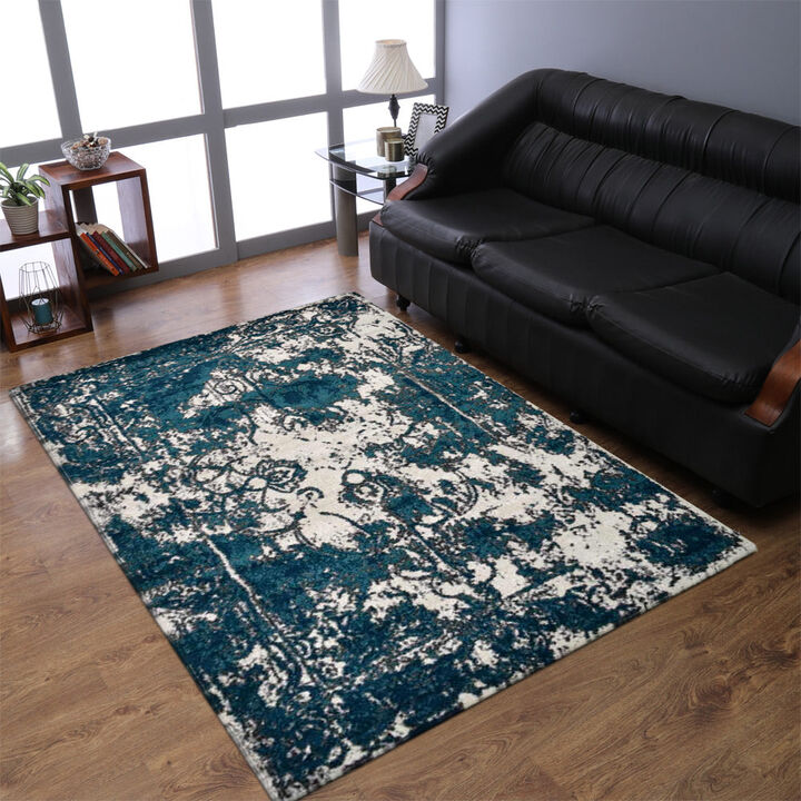 RUGSOTIC CARPETS MACHINE MADE HEATSET POLYPROPYLENE AREA RUGS  - 6'7''x9', Rectangle Shape, Ivory Blue Color, Abstract Modern Design, Midium Pile Machine Made Area Rugs (MX0022)