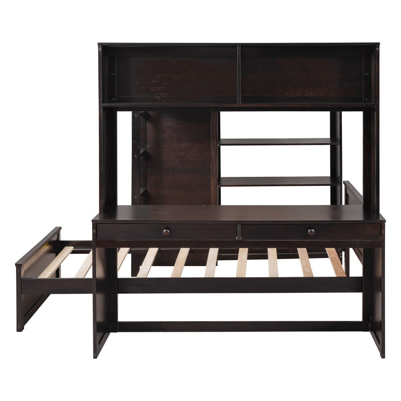 Full Size Loft Bed With A Twin Size Stand-Alone Bed, Shelves, Desk, And Wardrobe