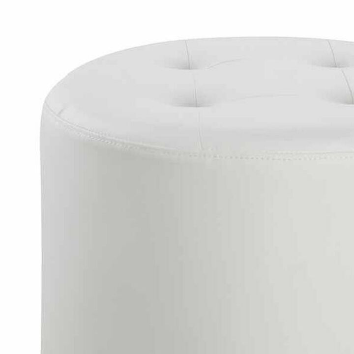 18 Inch Round Swivel Ottoman, Vegan Faux Leather, Tufted Seat, White, Chrome-Benzara