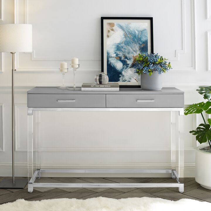 Inspired Home Kalel High Gloss 2 Drawers Console Table with Acrylic Legs and Stainless Steel Base