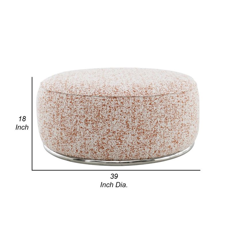 Sarah Ottoman, Round 39 Inch, Modern Style White Red Patterned Boucle - Benzara