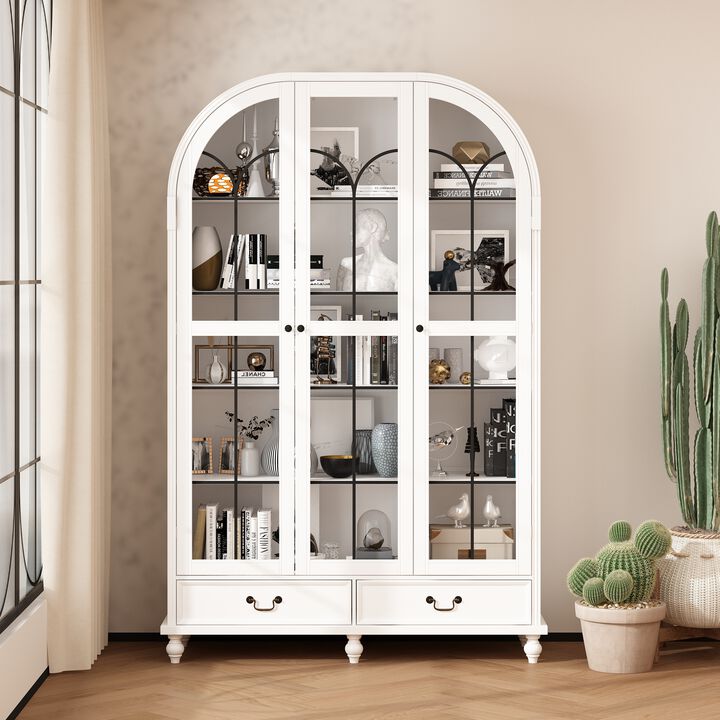 FUFU&GAGA Modern White Bookcase with Glass Doors, 2 Drawers & 8 Shelves, Elegant Storage for Living Room, Bedroom, or Office (77.2"H x 50.4"W x 15.7"D), White