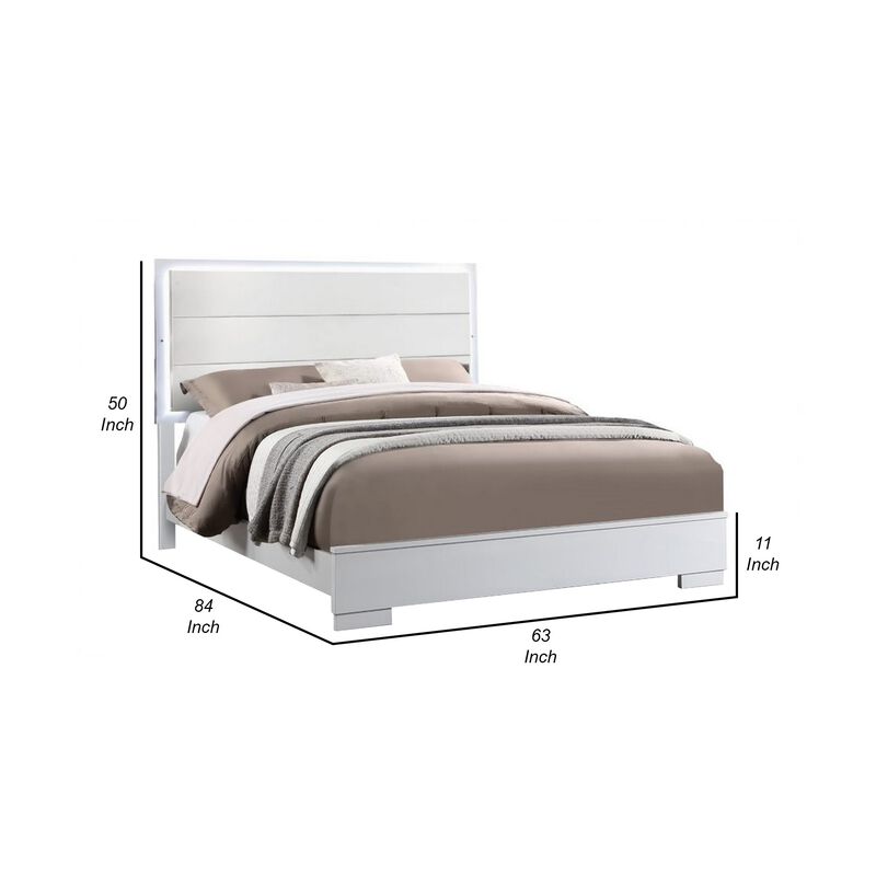 Vin Modern Queen Size Bed, Panel Headboard, LED Light, Crisp White Finish-Benzara