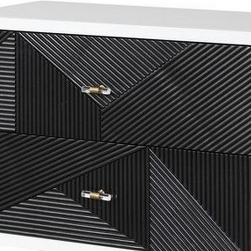 Accent table with Geometric Pattern 2 Drawer Front, Black and White-Benzara