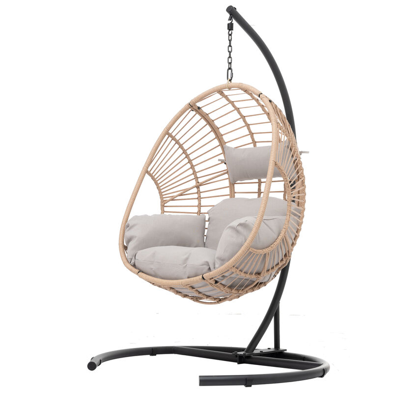 Outdoor Indoor Swing Egg Chair Natural Color Wicker With Beige Cushion