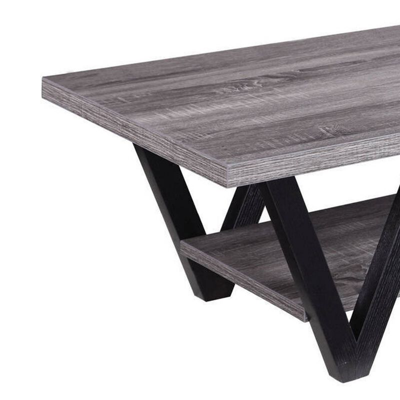 Zigzag Contemporary Solid Wooden Coffee Table With Bottom Shelf, Gray And Black-Benzara