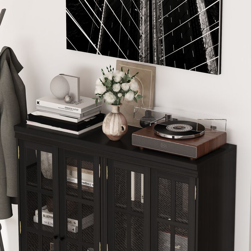 FUFU&GAGA Modern Black Glass Door Cabinet with Adjustable Shelves & Metal Handles (47.2" W x 15.7" D x 47.2" H), Black