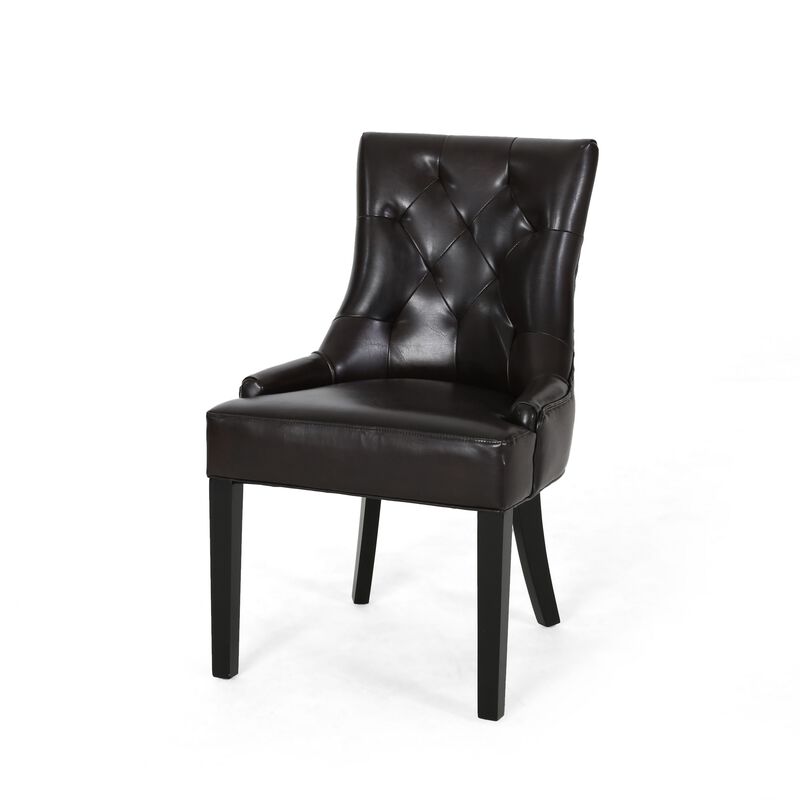 Chen Dining Chair Set of 2, Sloped Arms, Tufted Brown Faux Leather - Benzara