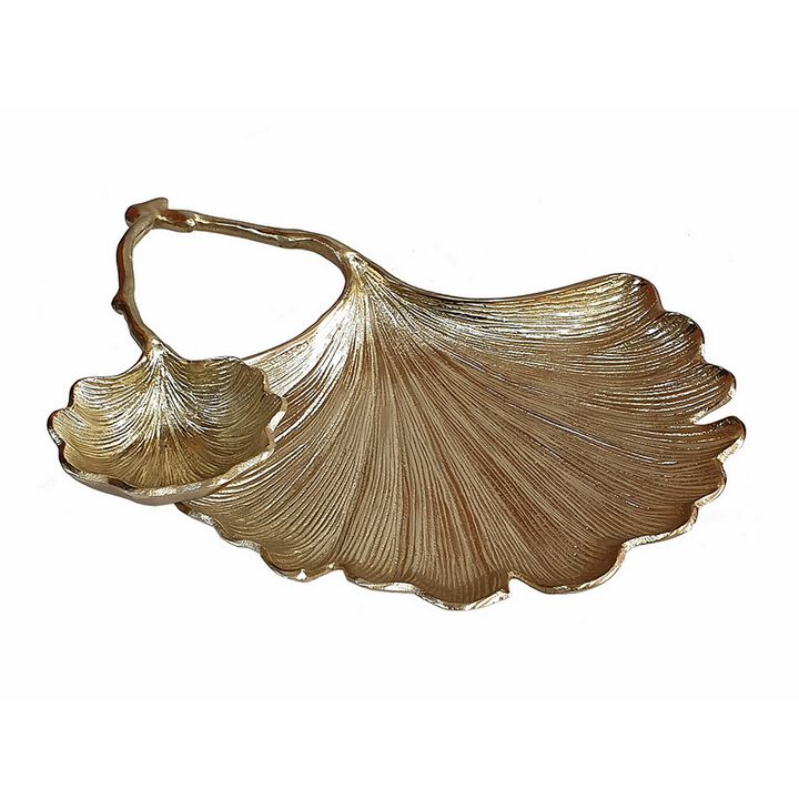 14 Inch Double Leaf Decorative Bowl, Firm Aluminum, Textured Gold Finish - Benzara