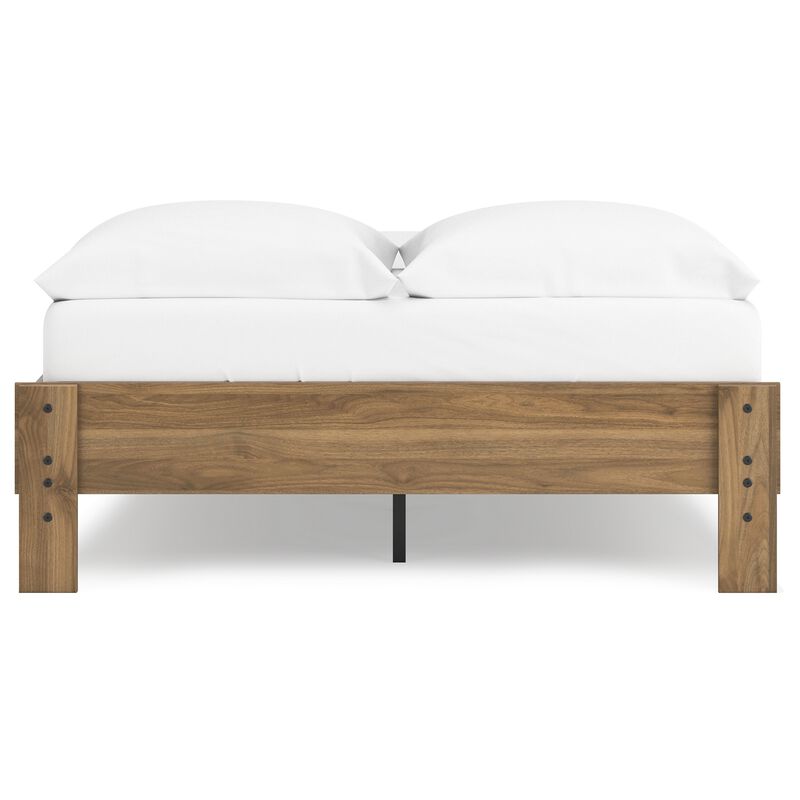 Deana Full Platform Bed, Honey Brown Wood, Low Profile Tapered Legs - Benzara