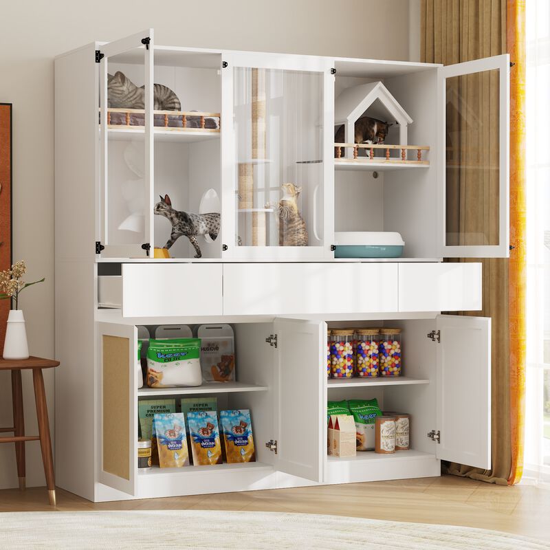 FUFU&GAGA Deluxe Multi-Level Cat Cabinet with Built-In Storage – Stylish and Functional Pet Furniture, 63"W x 19.7"D x 70.9"H, White