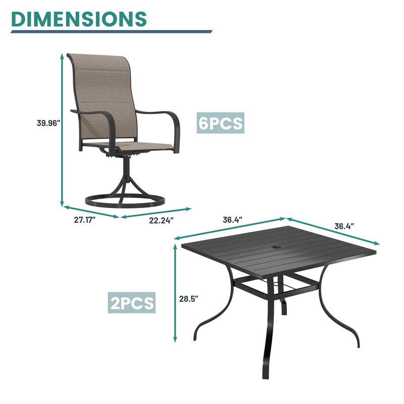 MONDAWE 8-Piece Dining Set With 2 Pcs Square Steel Tables And 6 Pcs Steel Textiliene Dining Swivel Chairs