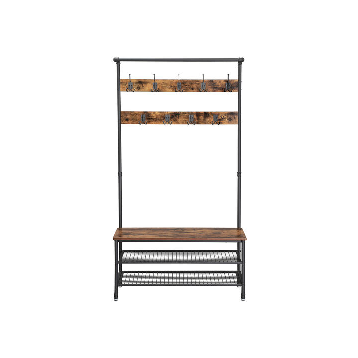 Hall Tree with 9 Hooks and Storage Bench Pipe-Style Coat Stand