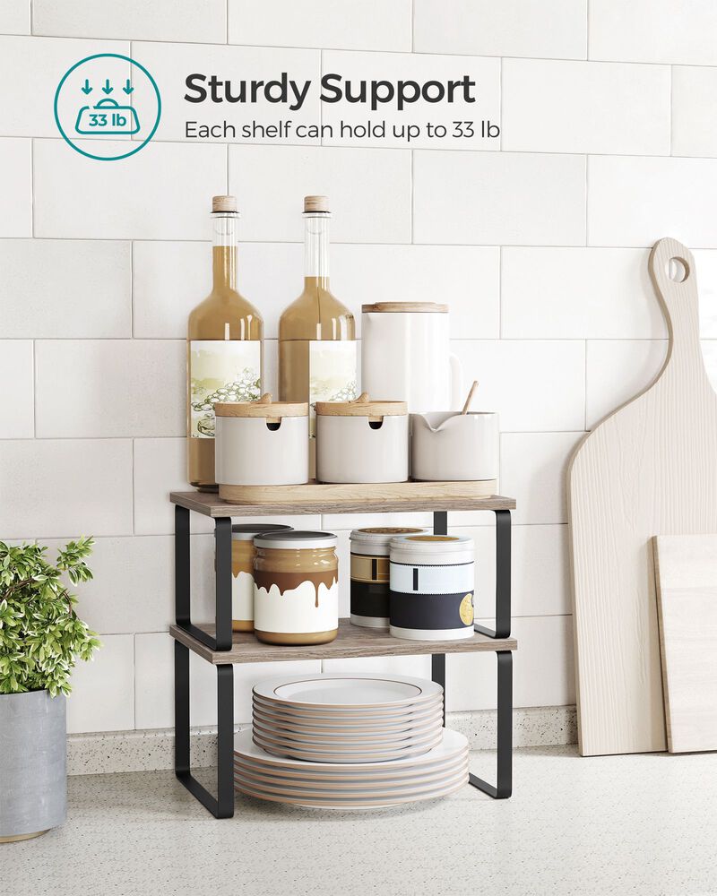 Expandable and Stackable Cabinet Shelf Organizer – Metal and Bamboo Kitchen Counter Shelves, Set of 2