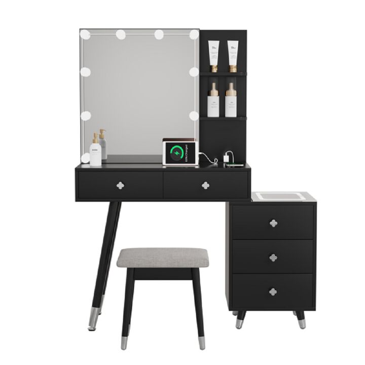 Vanity Mirror Cabinet with LED Lights, 5 Drawers & Storage Shelves