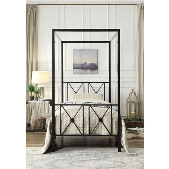Hivvago Twin size Black Metal Canopy Bed Frame with Medallion Accents