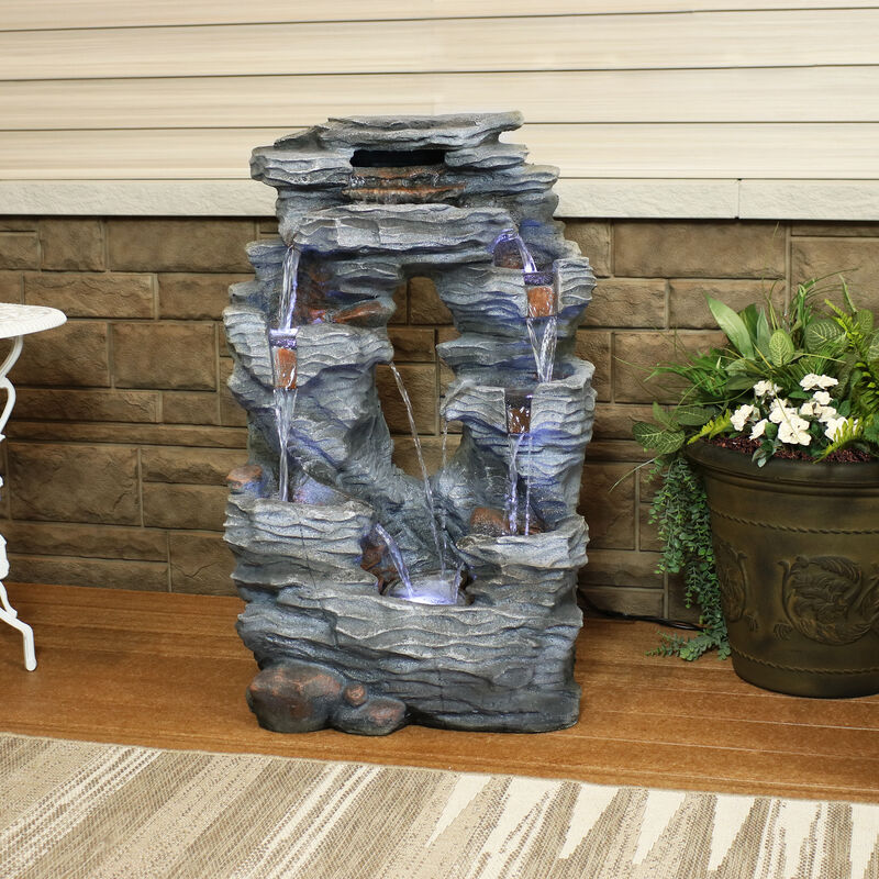 Sunnydaze Dual Cascading Rock Waterfall Fountain with LED Lights - 39 in