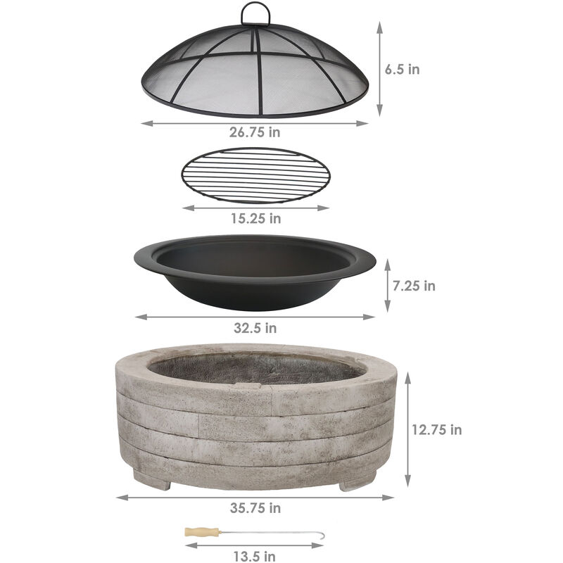Sunnydaze 35 in Faux Stone Fire Pit with Handles and Spark Screen