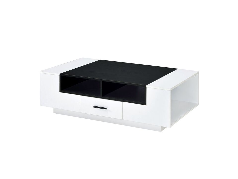 Contemporary Coffee Table with Drawer and Open Compartment, Black and White-Benzara