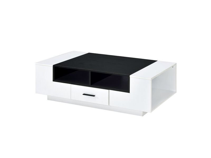 Contemporary Coffee Table with Drawer and Open Compartment, Black and White-Benzara