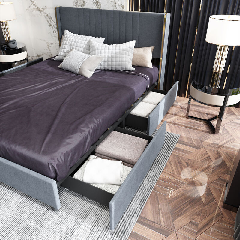 Gray Wood Frame Queen Size Bed Platform Bed Panel Bed With 4-Drawers, Color-Changing LED Lights, Bluetooth
