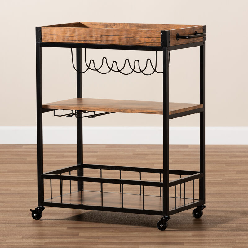 Baxton Studio Cerne Rustic Oak Brown Mobile Metal Bar Cart with Wine Bottle Rack