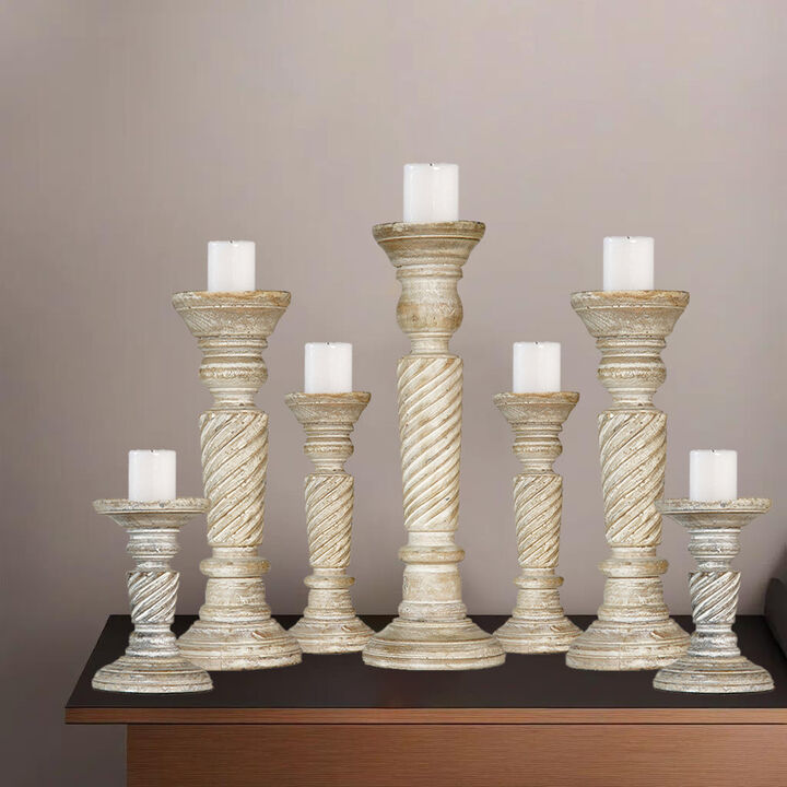 Traditional Antique White Eco-friendly Handmade Mango Wood Set Of Seven 6",9",12",15",12",9" & 6" Pillar Candle Holder BBH Homes