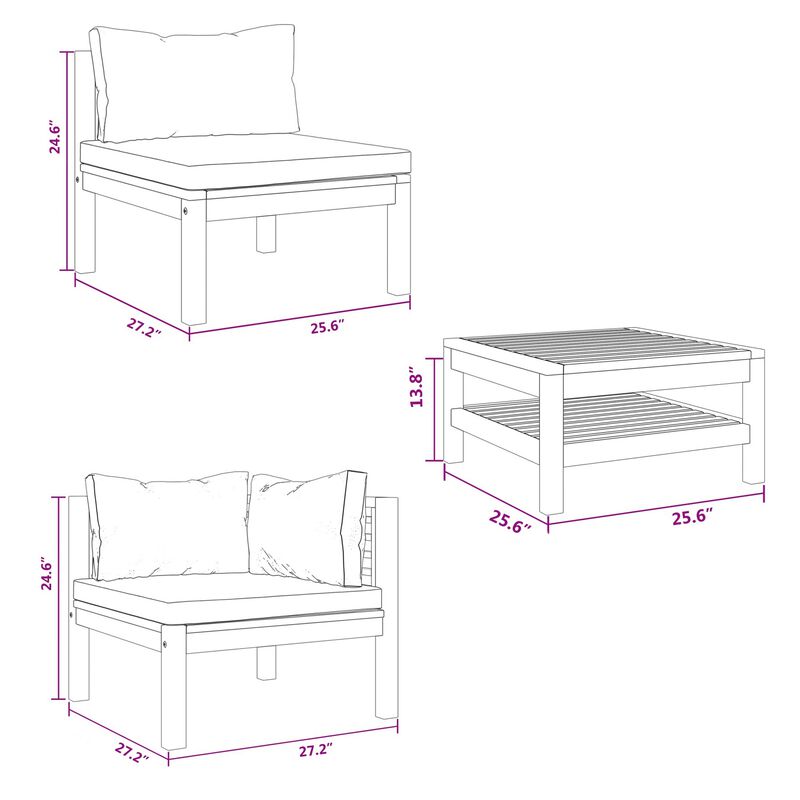 6pc Outdoor Modular Sofa Set, Cream Cushions, Brown Solid Acacia Wood - Benzara