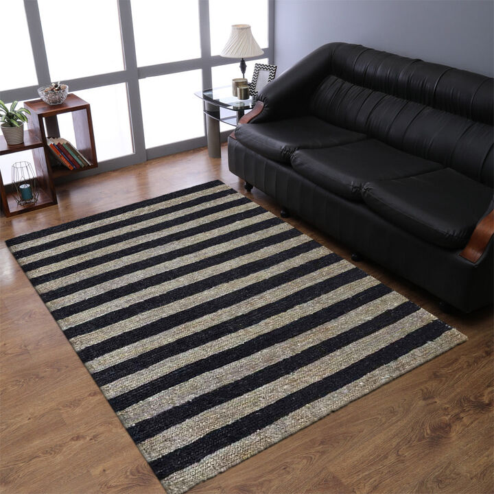 HAND KNOTTED SUMAK JUTE ECO-FRIENDLY Contemporary AREA RUGS  - 4'x6', Rectangle Shape, Beige Black Color, Contemporary, High Pile, Natural Fiber, Outdoor Indoor Handmade Area Rugs (J00083)