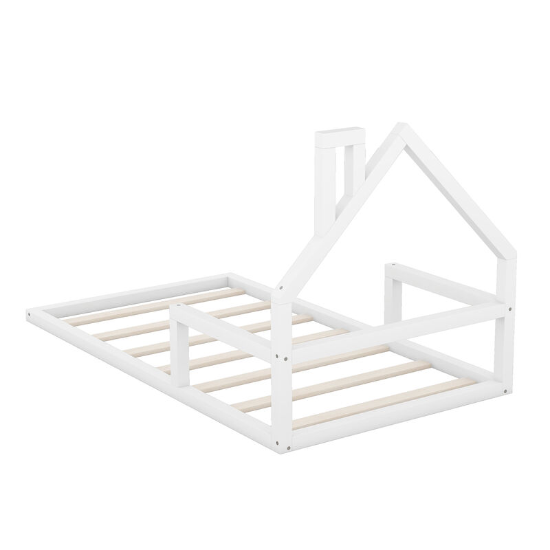 Merax Wood Floor Bed with House-shaped Headboard