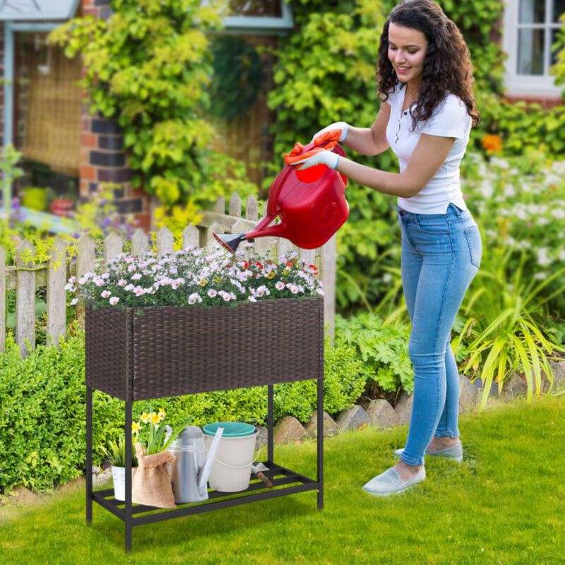 Hivvago Wicker Raised Garden Bed with Storage Shelf and Removable Liner for Flowers