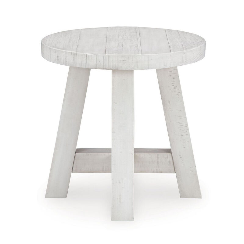 Linie Round Side End Table, Rustic Posts, 24 Inch White Pine Wood - Benzara