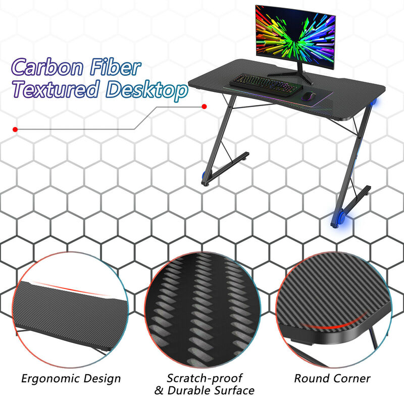 Costway 43.5 inch Gaming Desk Z Shape Office PC Computer Desk Gamer Tables w/ LED Lights
