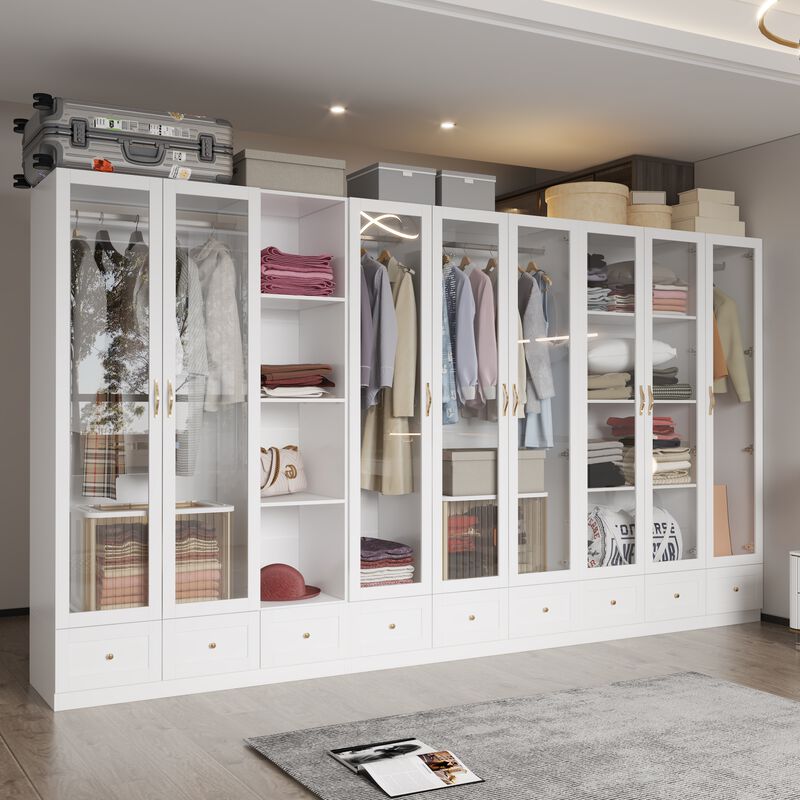 White Armoire Wardrobe Closet with Glass Doors, 9 Drawers, 4-Tier Shelves & Hanging Bar, Wooden Closet Storage Cabinet with Large Compartment for Bedroom