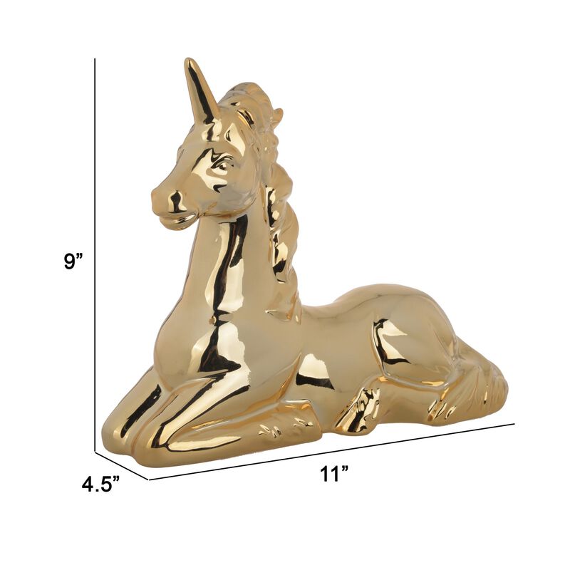 11 Inch Sitting Unicorn Figurine, Ceramic Statuette in Gold Metallic Finish - Benzara