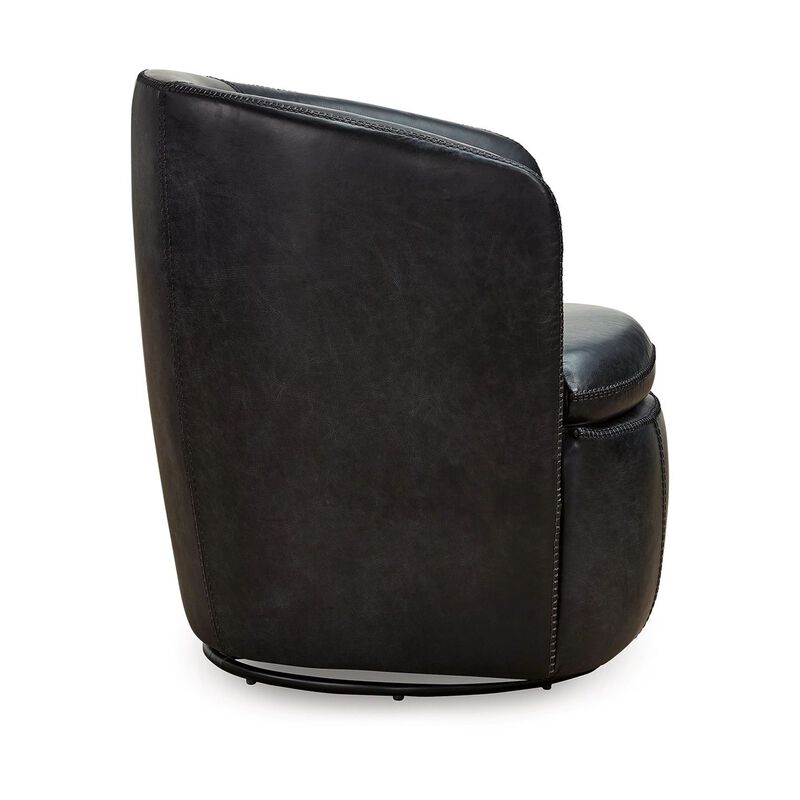 Niko Swivel Accent Chair, Round Barrel Design, Dark Blue Top Grain Leather -