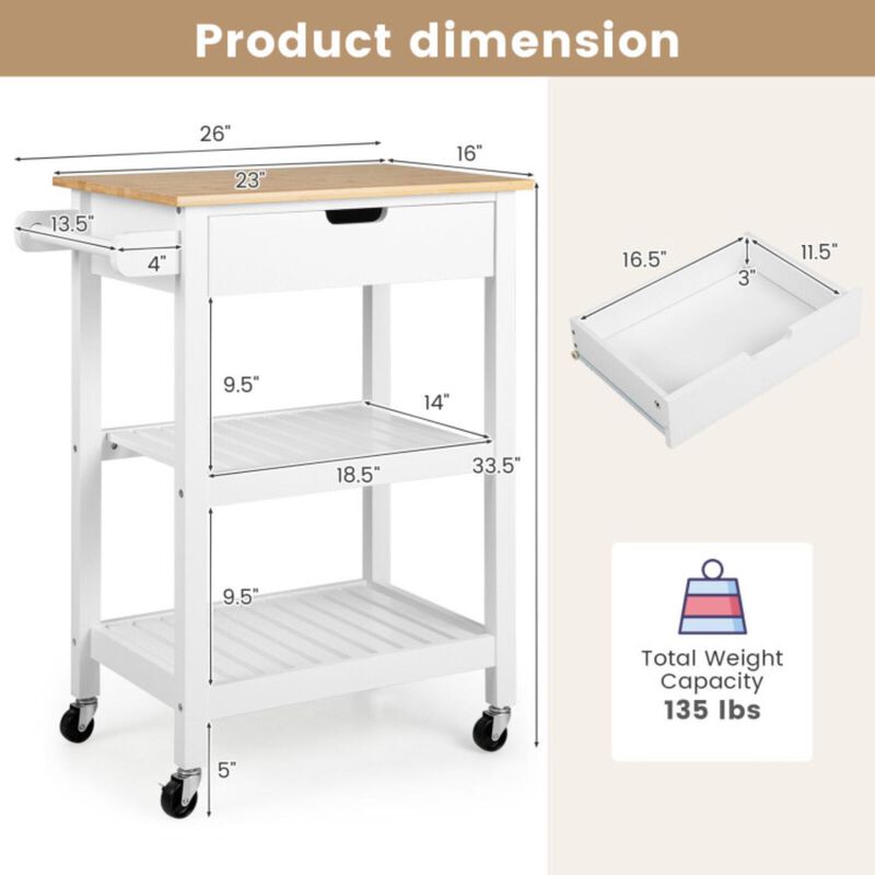 Hivvago 3-Tier Kitchen Island Cart Rolling Service Trolley with Bamboo Top