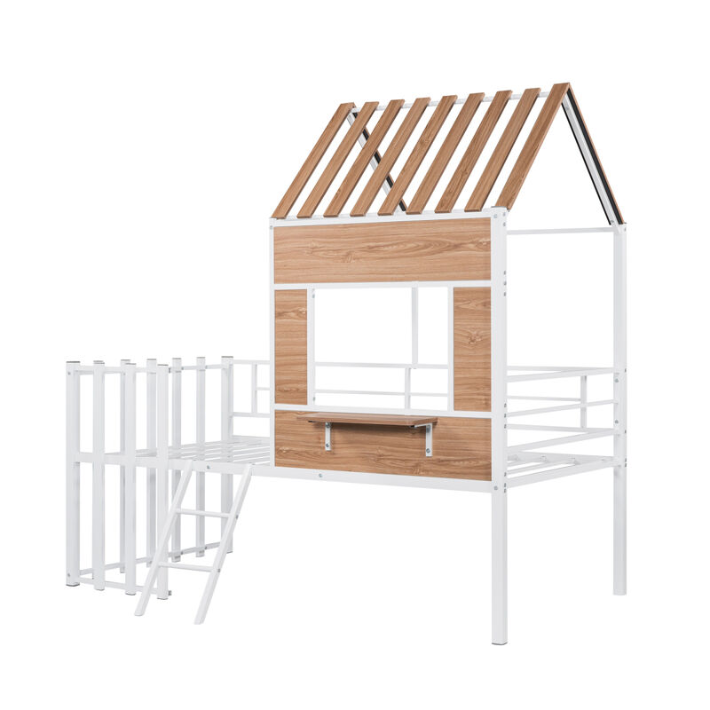 Metal Twin Size Loft Bed With Roof, Window, Guardrail, Ladder
