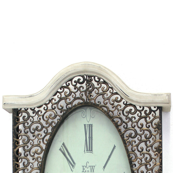 Wall Clock with Scalloped Wooden Top and Bottom, White-Benzara