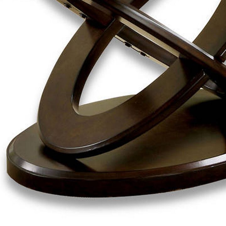 Oval Glass Top Coffee Table with Cross Oval Base, Brown and Clear-Benzara