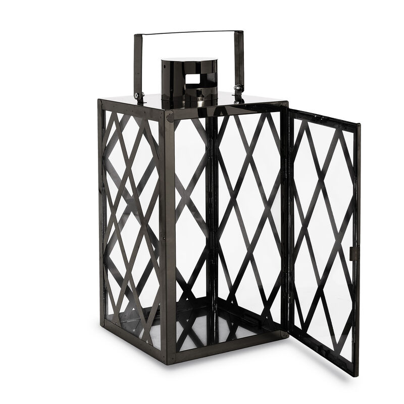 Dove 14 Inch Lantern, Lattice Black Stainless Steel, Tempered Glass - Benzara