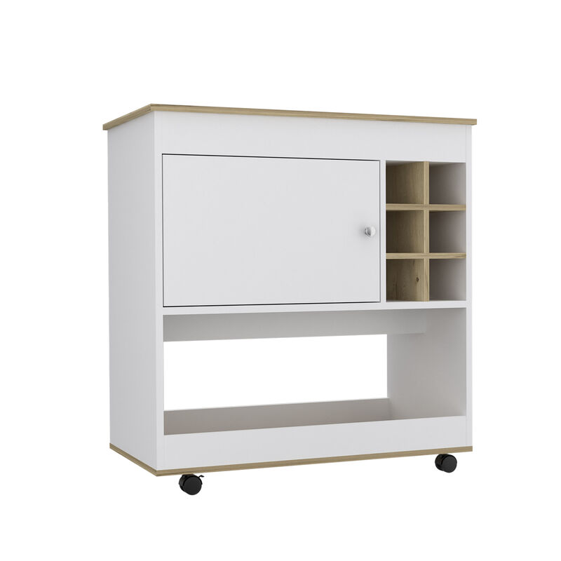 DEPOT E-SHOP Lotus Bar Cart, Six Bottle Cubbies, One Cabinet, Four Casters, Light Oak / White