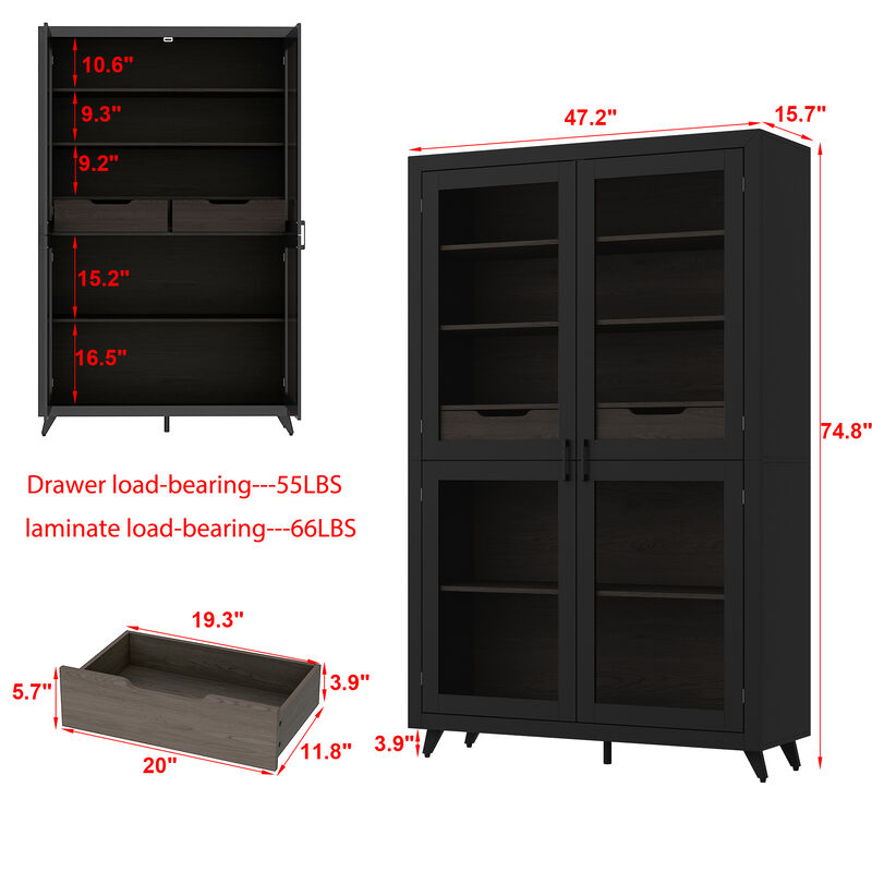 FUFU&GAGA Modern Glass Bookcase with Storage Drawers and Shelves, Tall Display Cabinet (47.2" W x 15.7" D x 74.8" H), Black