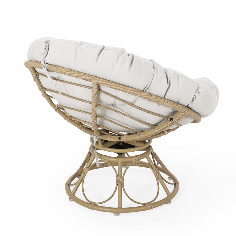 Leos Swivel Outdoor Chair, Soft Gray Polyester Cushion, Brown Rattan -Benzara